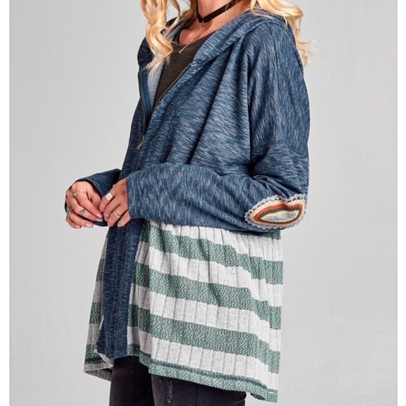 NWT ODDY Women's Blue Full Frontal Zip Stripped Boho Hoodie Sweater Size S - Picture 5 of 12